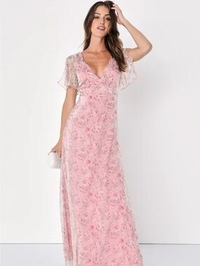 Lulus Dreamiest Desires Pink Floral Flutter Sleeve Maxi Dress 1X NWT